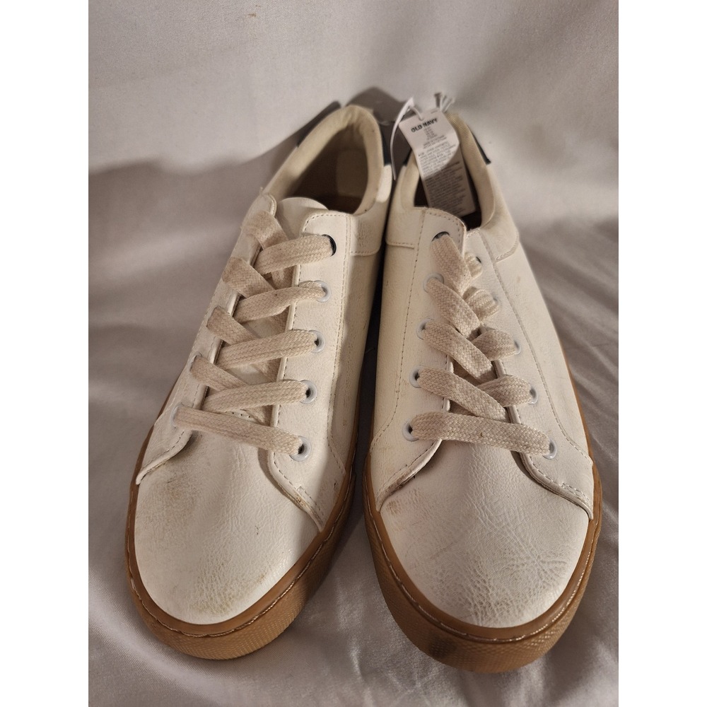 Old Navy Womens Faux Leather Low Top Sneakers Off White Navy Blue Gum Sole 6Y 8